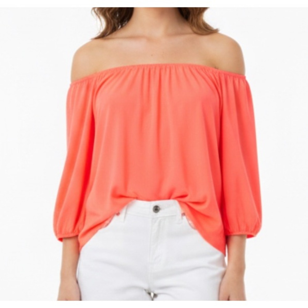 NWT ENTRO Thin CREPE Flowy OFF-THE-SHOULDER 3/4 Sleeve HOT CORAL Blouse/Top Sz M